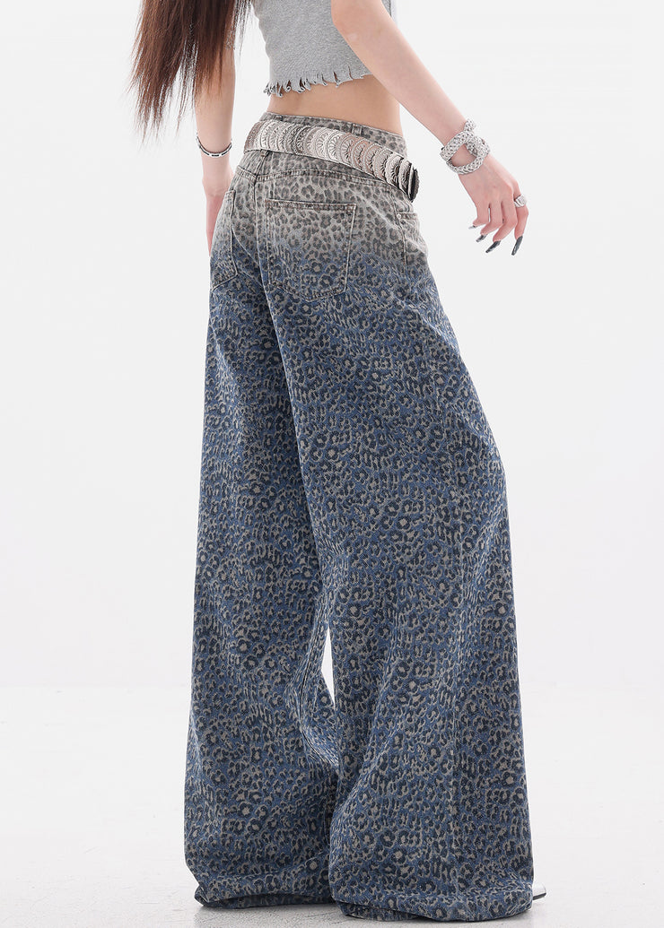 Chic Gradient Color Leopard High Waist Denim Wide Leg Pants Fall