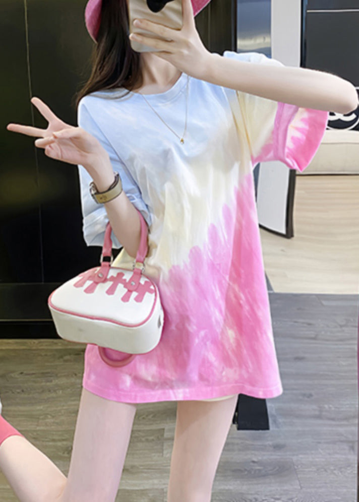 Chic Gradient Color O Neck Tie Dye Cotton T Shirts Summer