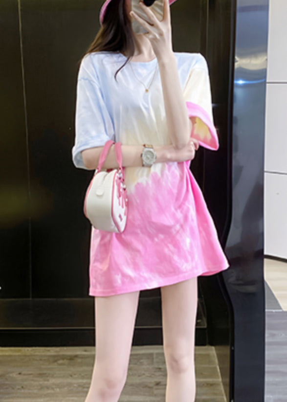Chic Gradient Color O Neck Tie Dye Cotton T Shirts Summer