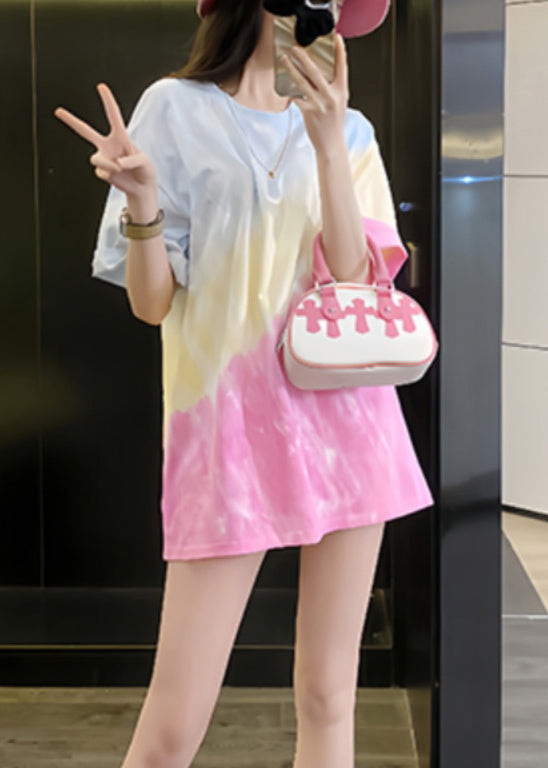 Chic Gradient Color O Neck Tie Dye Cotton T Shirts Summer