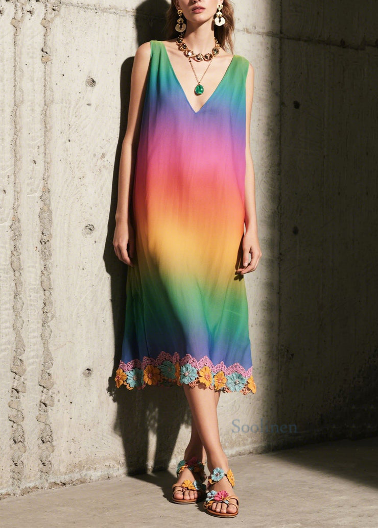 Chic Gradient Color Patchwork Lace Sundress Summer