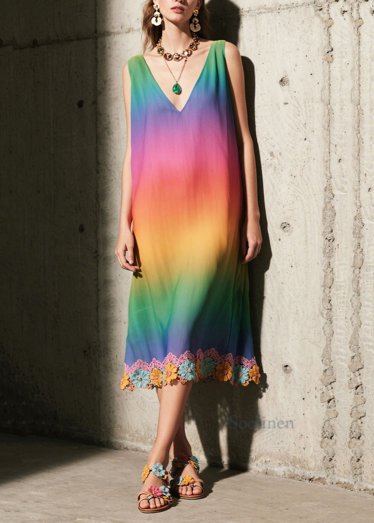 Chic Gradient Color Patchwork Lace Sundress Summer