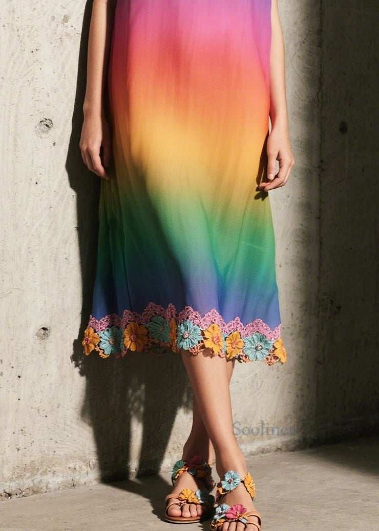 Chic Gradient Color Patchwork Lace Sundress Summer