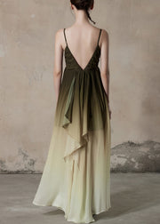 Chic Gradient Color V Neck Wrinkled Chiffon Long Dress Sleeveless