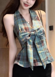 Chic Green Backless Plaid Halter Vests Summer