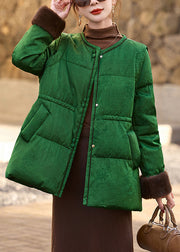Chic Green Cinched Jacquard Duck Down Down Coat Winter