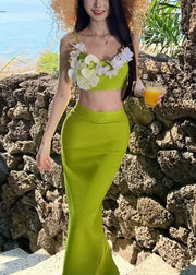 Chic Green Floral Side Open Tank And Skirts Cotton Two-Piece Set Sleeveless