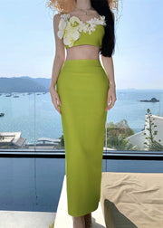 Chic Green Floral Side Open Tank And Skirts Cotton Two-Piece Set Sleeveless