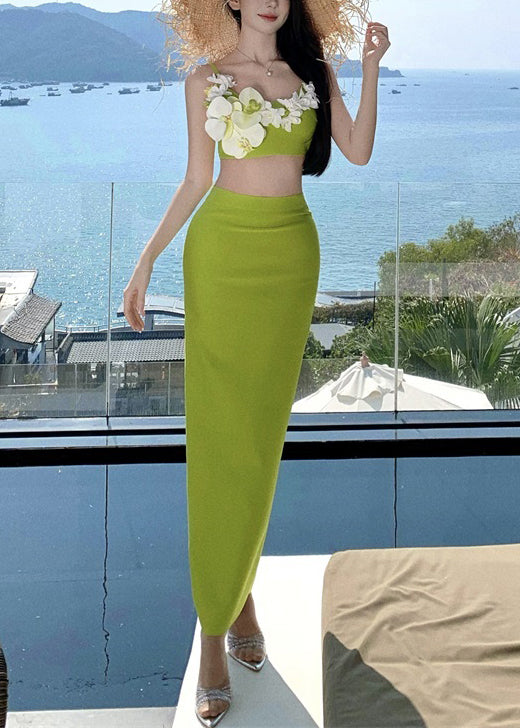Chic Green Floral Side Open Tank And Skirts Cotton Two-Piece Set Sleeveless