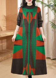 Chic Green O Neck Geometric Woolen Long Knit Dress Winter