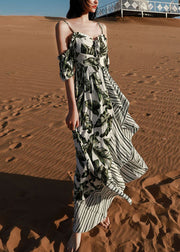 Chic Green Print Lace Up Patchwork Cotton Spaghetti Strap Dress Summer