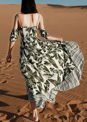 Chic Green Print Lace Up Patchwork Cotton Spaghetti Strap Dress Summer