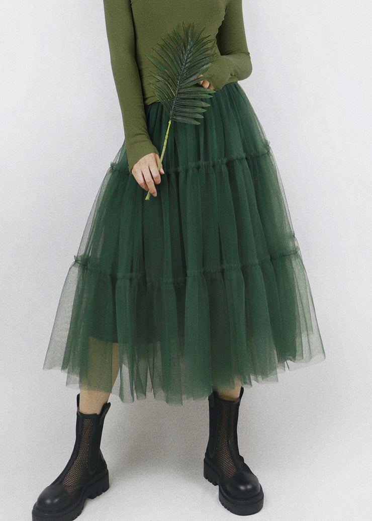 Chic Green Ruffled Elastic Waist Tulle Skirt Summer