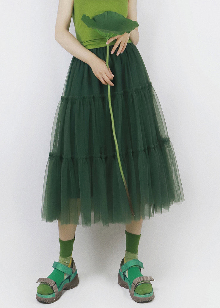 Chic Green Ruffled Elastic Waist Tulle Skirt Summer