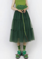 Chic Green Ruffled Elastic Waist Tulle Skirt Summer