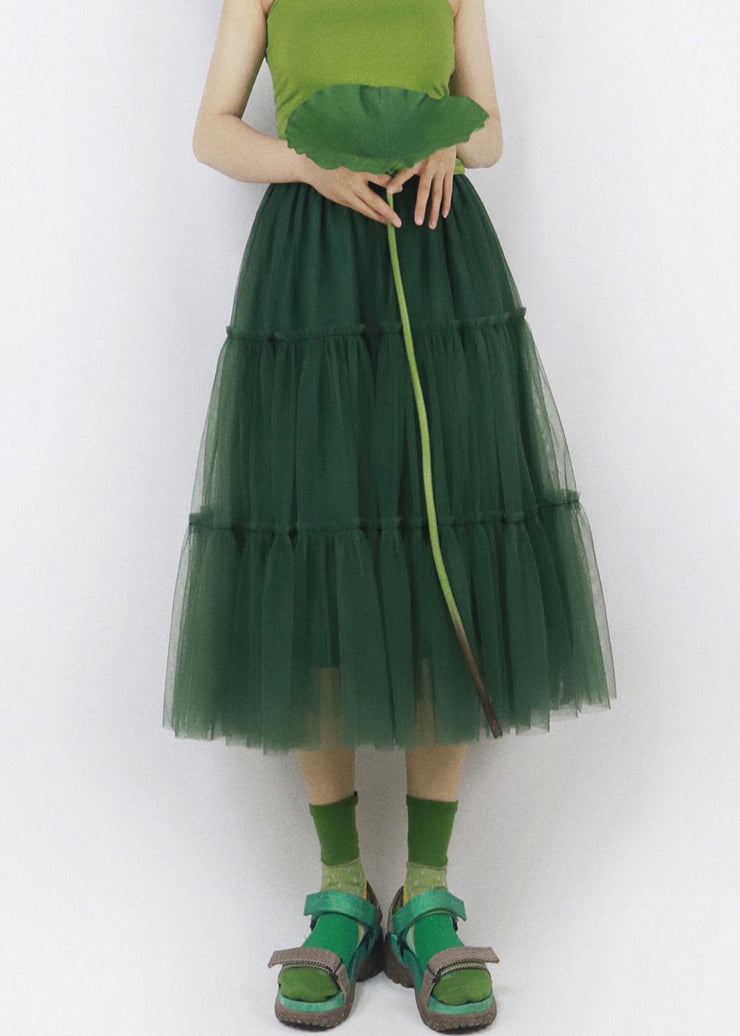 Chic Green Ruffled Elastic Waist Tulle Skirt Summer