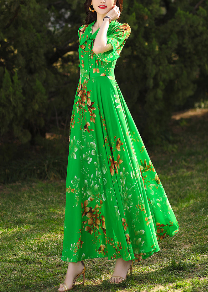 Chic Green Ruffled Print Chiffon Maxi Dresses Summer