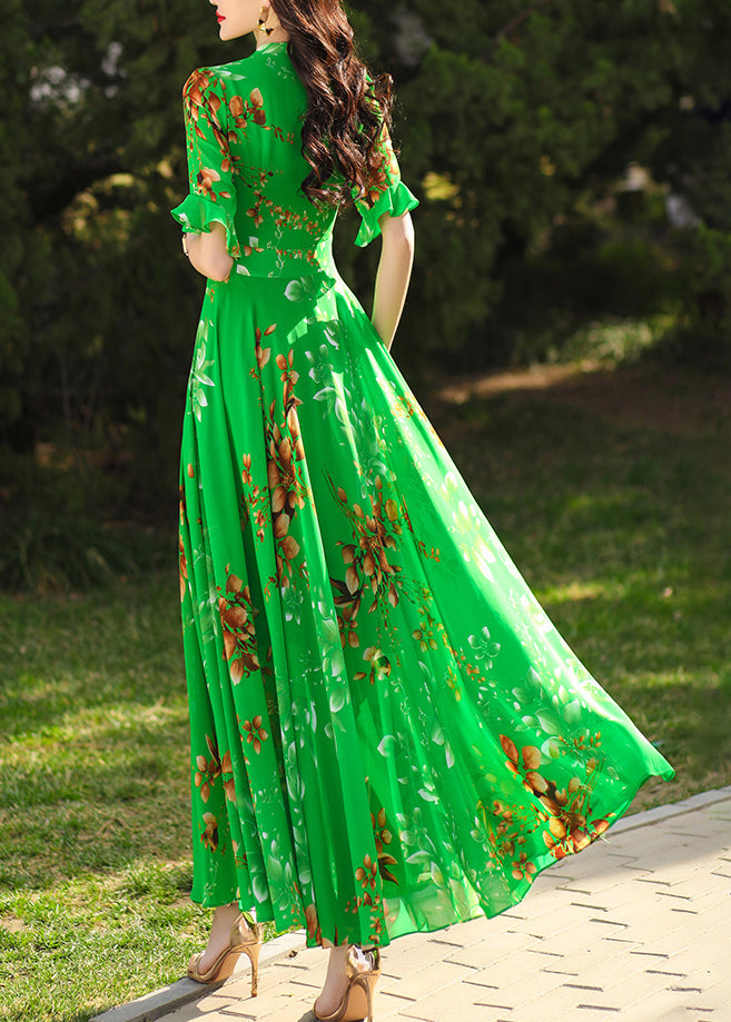 Chic Green Ruffled Print Chiffon Maxi Dresses Summer