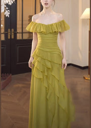 Chic Green Square Collar Ruffled Patchwork Chiffon Dress Summer