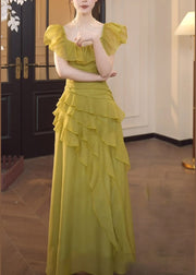 Chic Green Square Collar Ruffled Patchwork Chiffon Dress Summer
