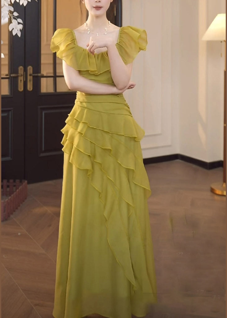 Chic Green Square Collar Ruffled Patchwork Chiffon Dress Summer