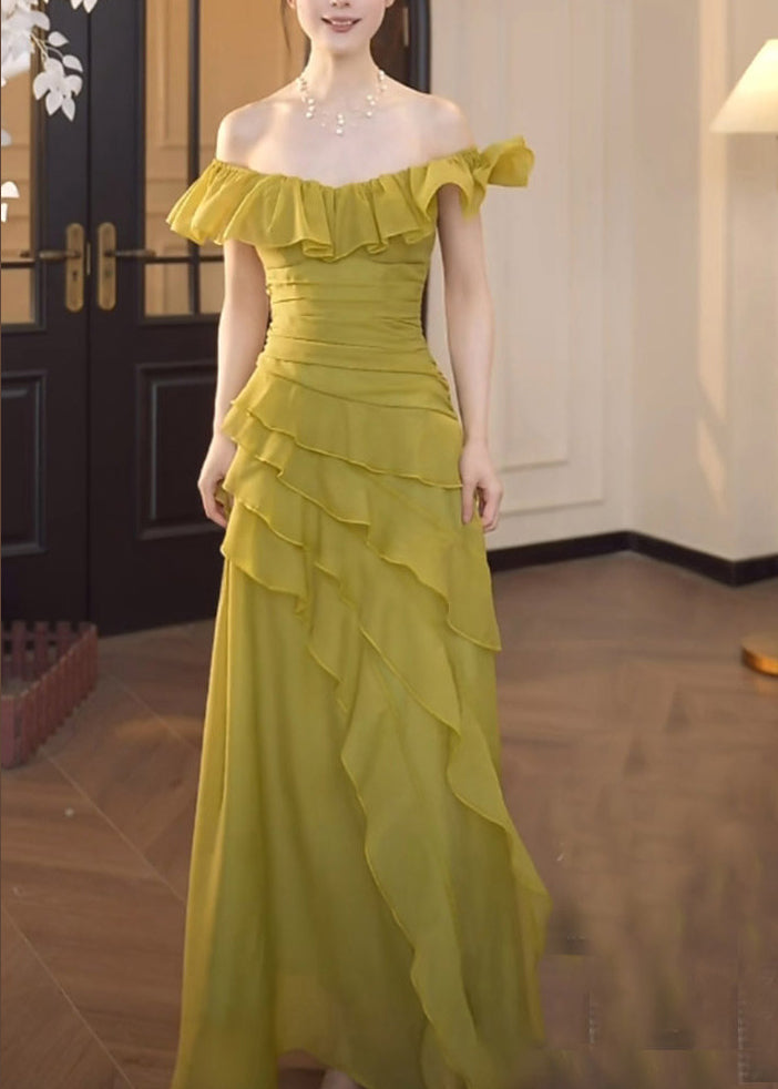 Chic Green Square Collar Ruffled Patchwork Chiffon Dress Summer