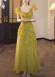 Chic Green Square Collar Ruffled Patchwork Chiffon Dress Summer