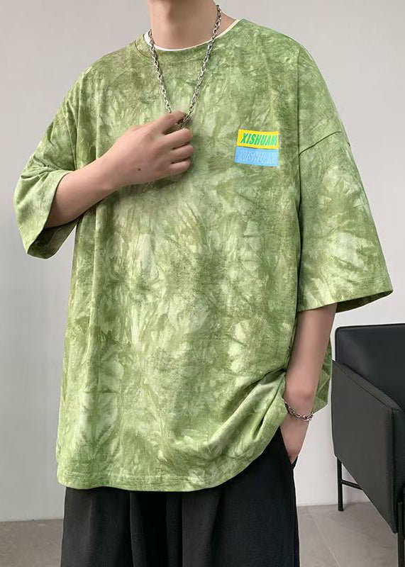Chic Green Tie Dye Letter Oversized Cotton Mens T Shirts Half Sleeve