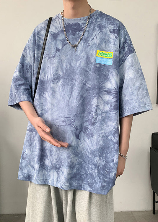 Chic Green Tie Dye Letter Oversized Cotton Mens T Shirts Half Sleeve