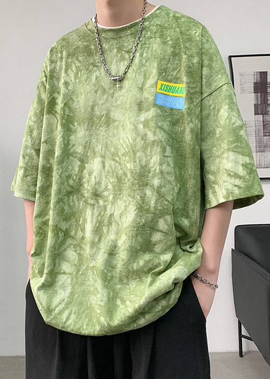 Chic Green Tie Dye Letter Oversized Cotton Mens T Shirts Half Sleeve