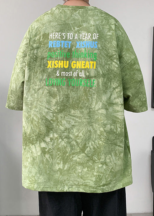 Chic Green Tie Dye Letter Oversized Cotton Mens T Shirts Half Sleeve