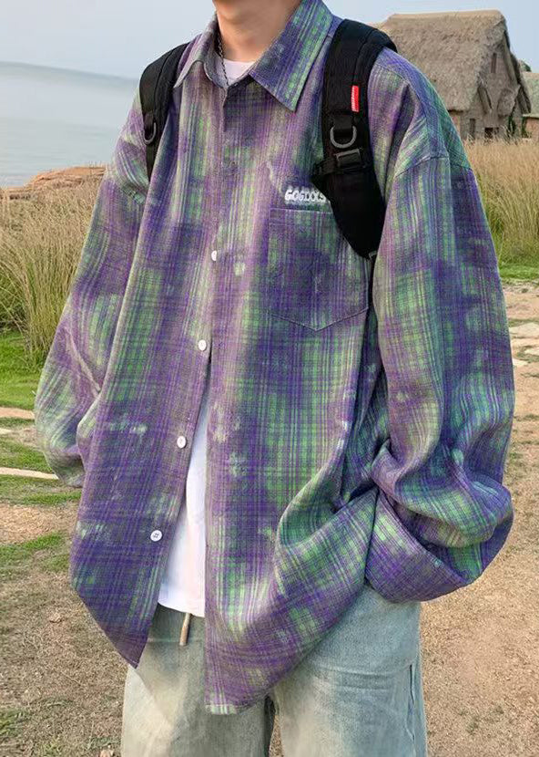 Chic Green Tie Dye Plaid Oversized Cotton Men&