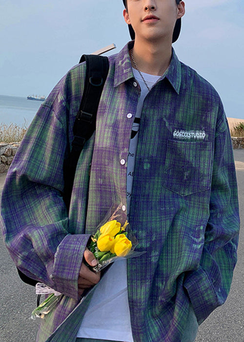 Chic Green Tie Dye Plaid Oversized Cotton Men&
