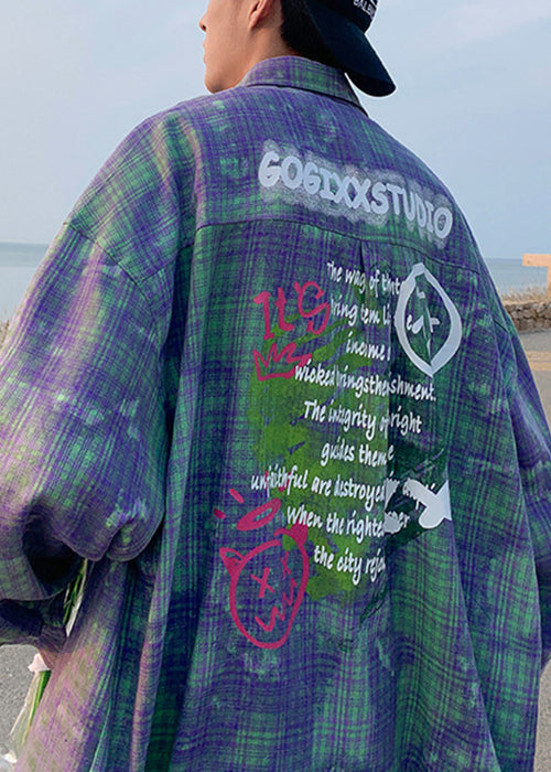 Chic Green Tie Dye Plaid Oversized Cotton Men&