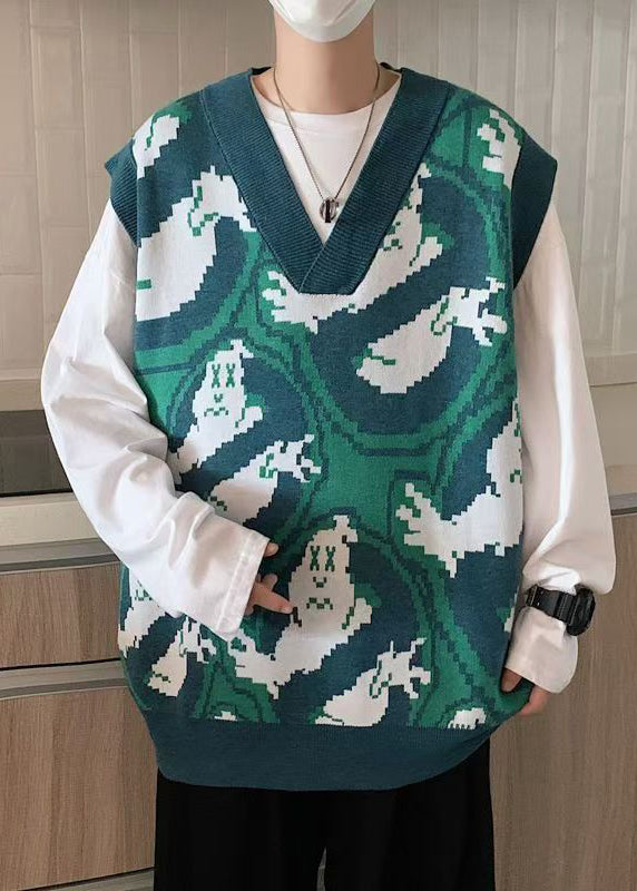 Chic Green V Neck Print Cozy Knit Men Waistcoat Sleeveless