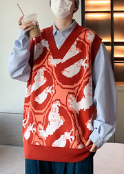 Chic Green V Neck Print Cozy Knit Men Waistcoat Sleeveless