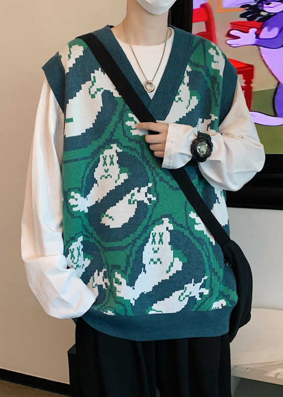 Chic Green V Neck Print Cozy Knit Men Waistcoat Sleeveless