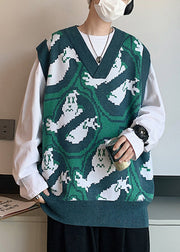 Chic Green V Neck Print Cozy Knit Men Waistcoat Sleeveless