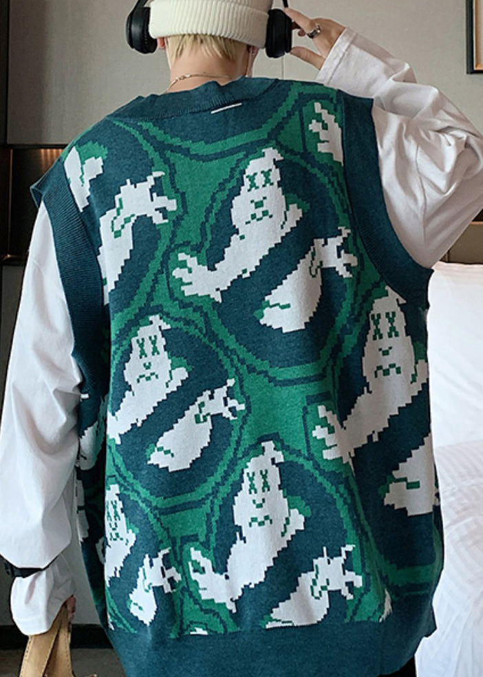 Chic Green V Neck Print Cozy Knit Men Waistcoat Sleeveless