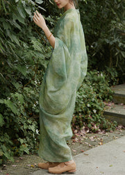 Chic Green V Neck Print Linen Two Pieces Set Batwing Sleeve