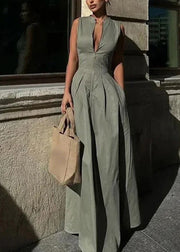 Chic Green Zip Up Pockets Patchwork Cotton Long Dress Sleeveless