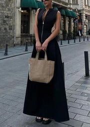 Chic Green Zip Up Pockets Patchwork Cotton Long Dress Sleeveless