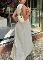 Chic Green Zip Up Pockets Patchwork Cotton Long Dress Sleeveless