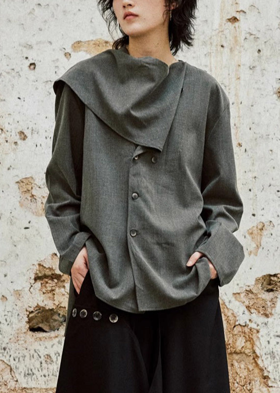 Chic Grey Bow Button Shirt Long Sleeve