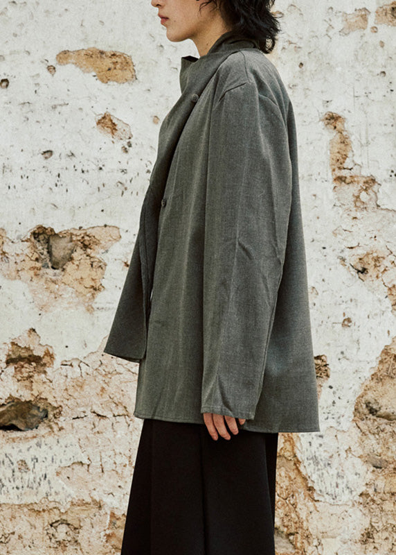Chic Grey Bow Button Shirt Long Sleeve