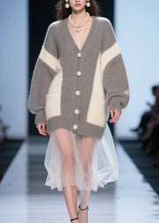 Chic Grey Button Tulle Patchwork Knit Cardigan Fall