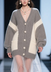 Chic Grey Button Tulle Patchwork Knit Cardigan Fall