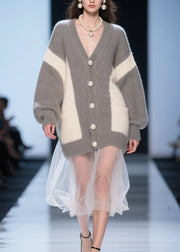 Chic Grey Button Tulle Patchwork Knit Cardigan Fall