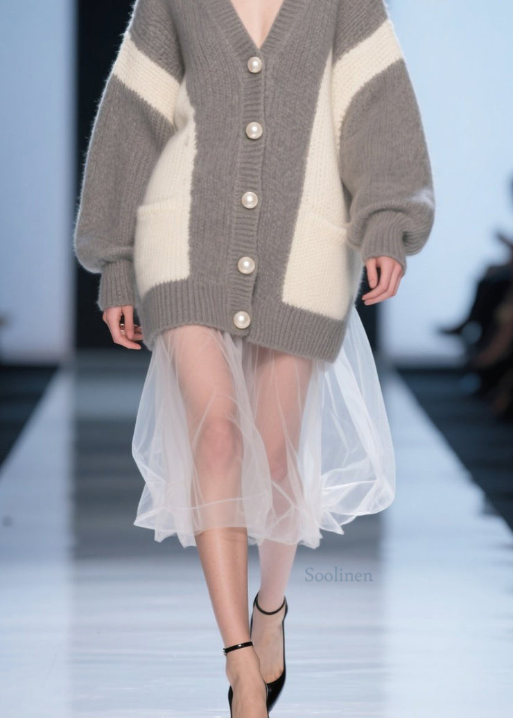 Chic Grey Button Tulle Patchwork Knit Cardigan Fall