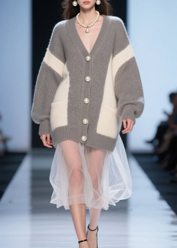 Chic Grey Button Tulle Patchwork Knit Cardigan Fall